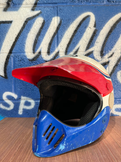 VINTAGE LARGE ARAI RED WHITE AND BLUE MOTOCROSS HELMET