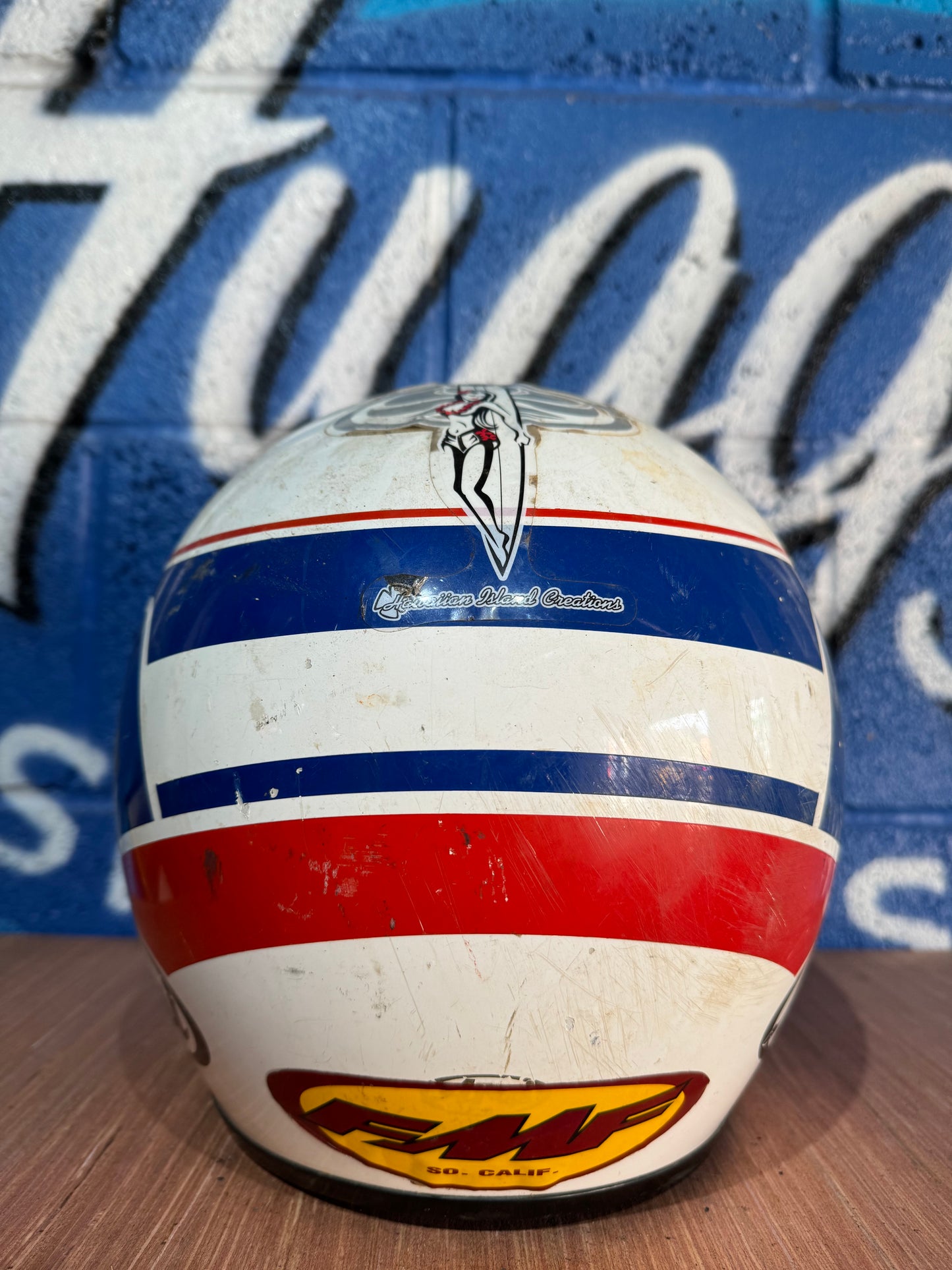 VINTAGE LARGE ARAI RED WHITE AND BLUE MOTOCROSS HELMET