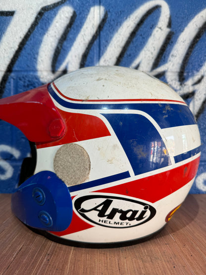 VINTAGE LARGE ARAI RED WHITE AND BLUE MOTOCROSS HELMET