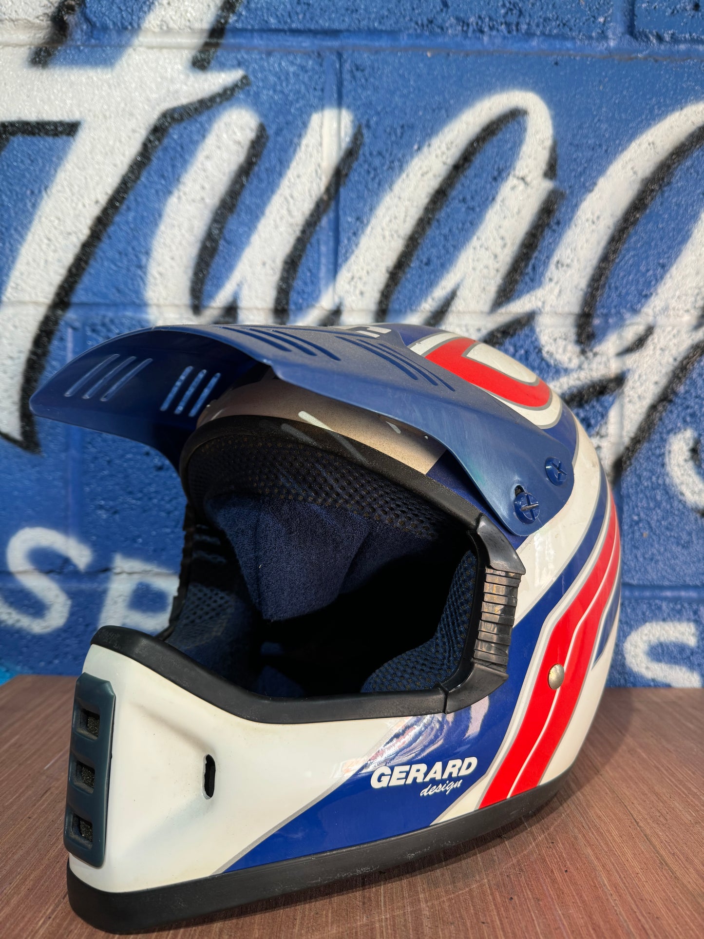 VINTAGE HJC X-LARGE RED WHITE AND BLUE MOTOCROSS HELMET