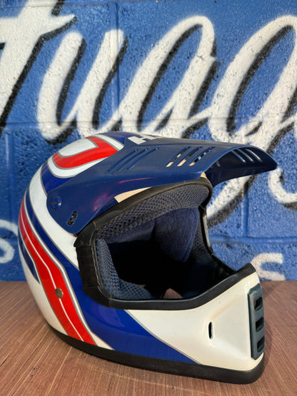 VINTAGE HJC X-LARGE RED WHITE AND BLUE MOTOCROSS HELMET