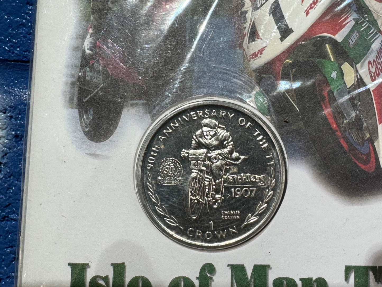 VINTAGE 1996 TT ISLE OF MAN 90TH ANNIVERSARY COIN AND CARD