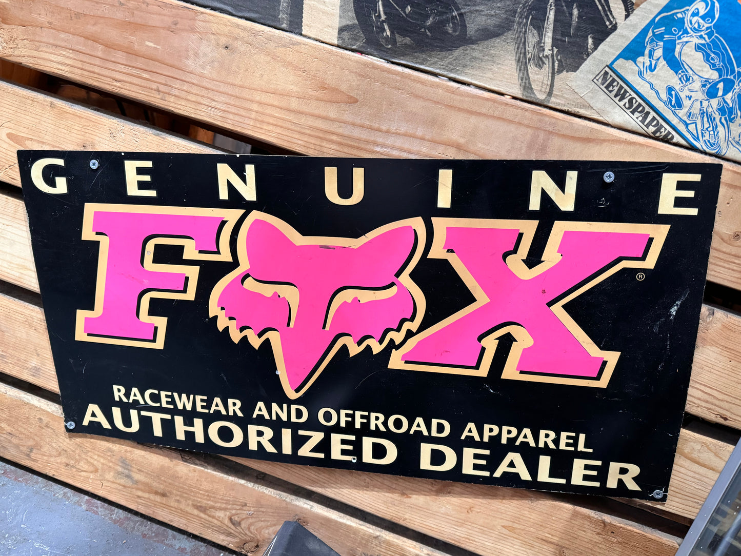 VINTAGE GENUINE FOX RACEWEAR AND OFFROAD APPAREL DEALER SIGN