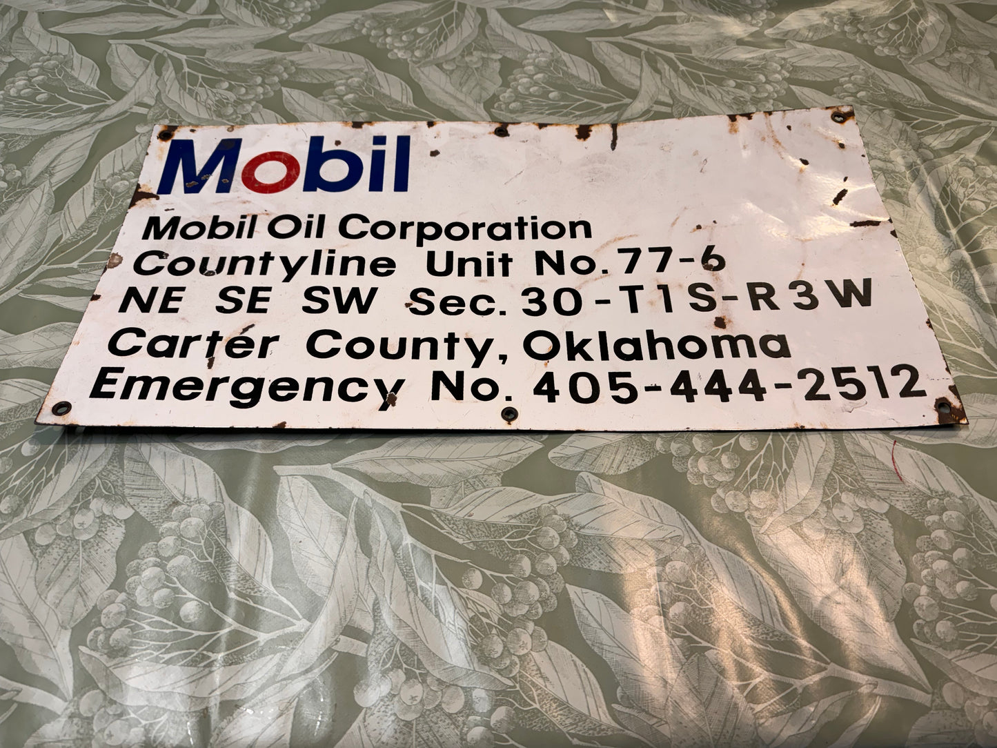 VINATGE MOBIL OIL CORPORATION OKLAHOMA LOCATION METAL SIGN