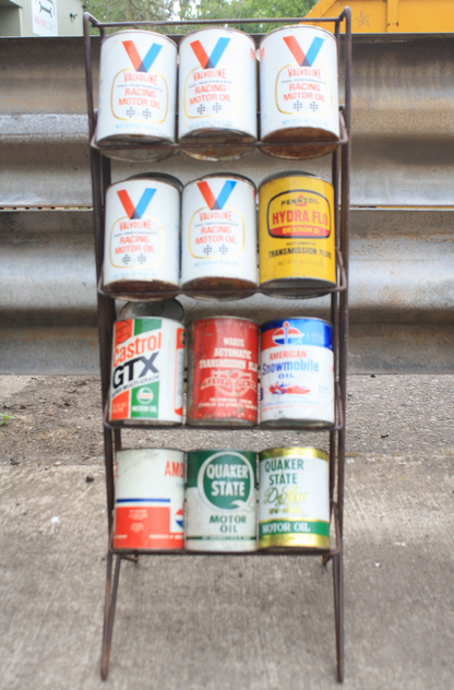 VINTAGE MOTOR OIL CANS AND DISPLAY RACK