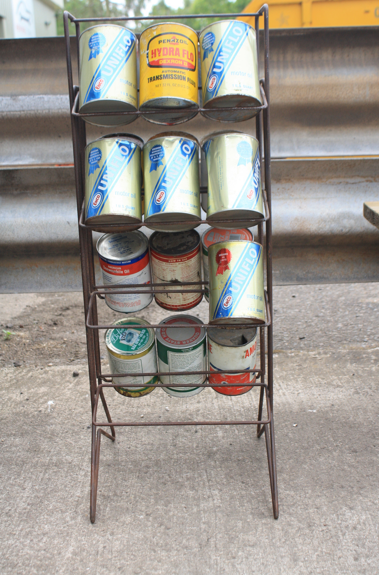 VINTAGE MOTOR OIL CANS AND DISPLAY RACK